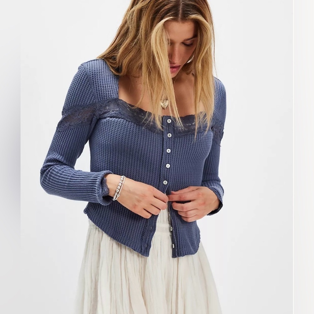 Free People Blue Lace Trim Cardigan NWT